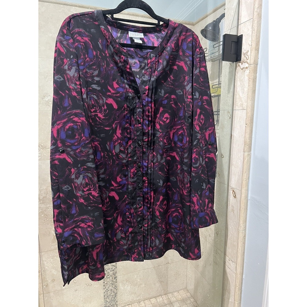Maggie Barnes Catherines 2X Pink Rose Print Roll Tab Sleeve Button Up Shirt EUC